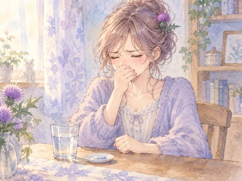 苦い薬を飲み、顔をしかめる女性