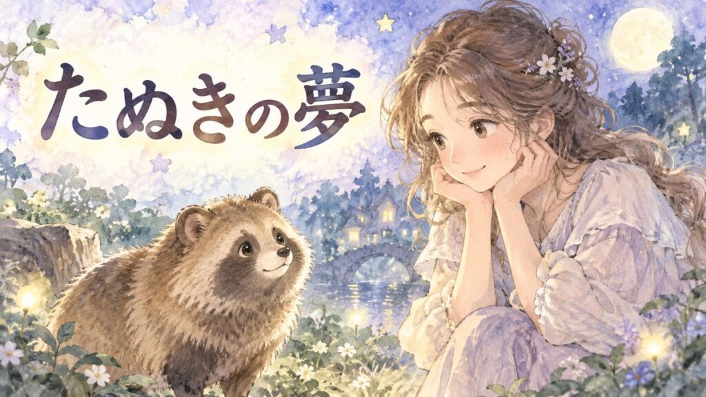 夢の森でたぬきを見つめる大人の女性