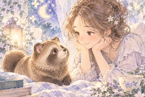 かわいいたぬきを笑顔で見つめる女性