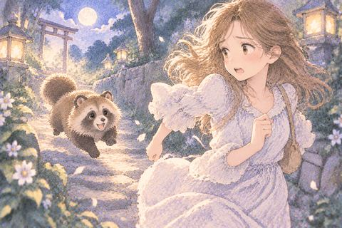夢の道でたぬきに追いかけられる女性