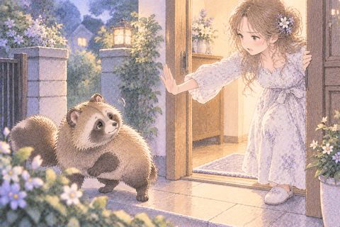 たぬきを外へ追い払う女性