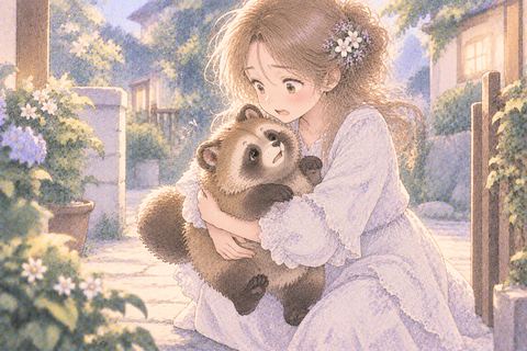 逃げるたぬきをそっと捕まえる女性