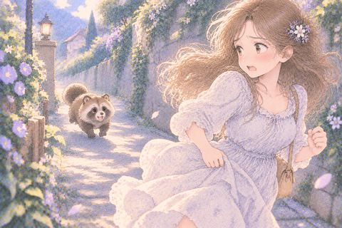たぬきから離れるように走る女性