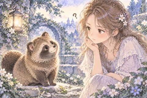 たぬきを見て首をかしげる女性