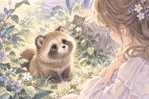 草むらにいる小さなたぬきの赤ちゃん