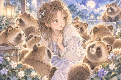 たくさんのたぬきに囲まれる女性