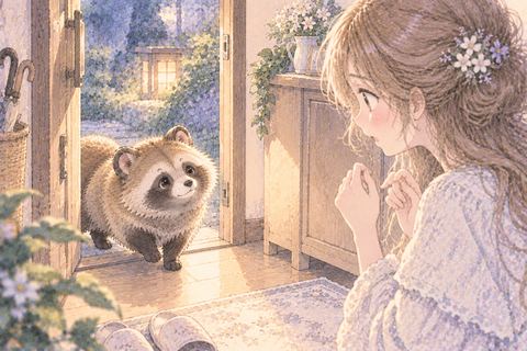 玄関から家に入ってくるたぬきと女性