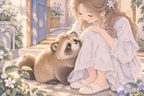 女性の足元に懐いて寄り添うたぬき