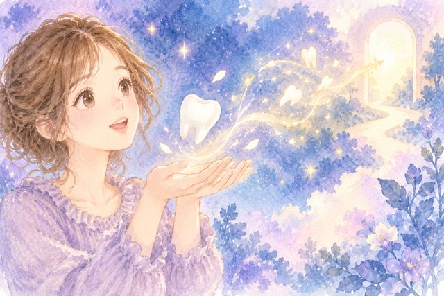 浮かぶ白い歯と新しい光を見つめる大人の女性