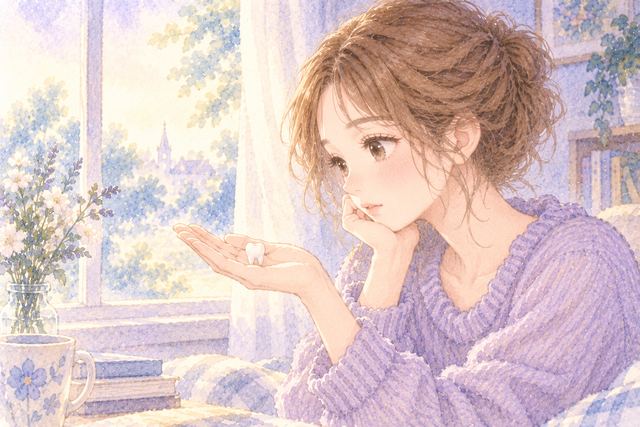 抜けた白い歯を手にして静かに考える大人の女性