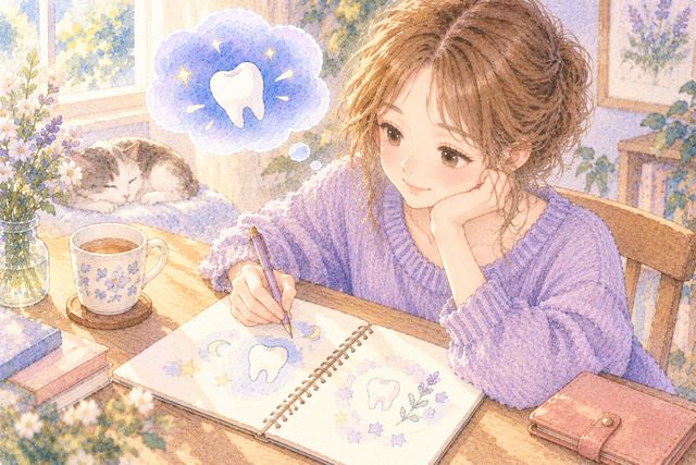 歯が抜ける夢の記憶をノートに描く大人の女性