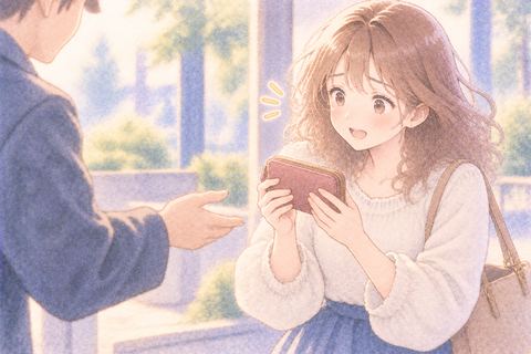 戻ってきた財布を受け取りほっとする大人の女性
