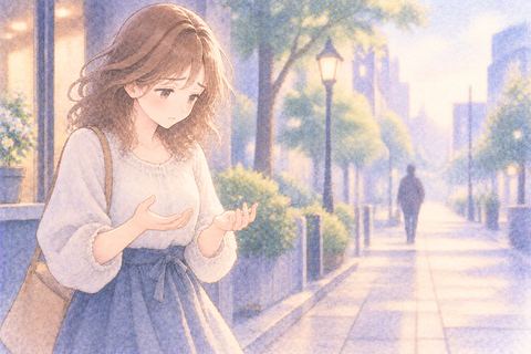 盗まれた物を探しても見つからず立ち止まる大人の女性