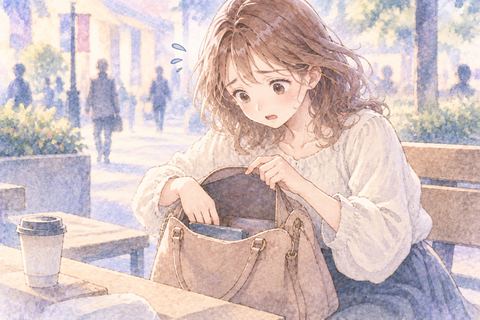 開いたカバンを見て財布を探す大人の女性