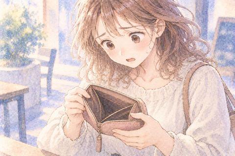 空になった現金入れを見て困惑する大人の女性