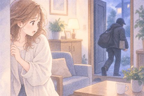 家から物を持ち去る泥棒を見て驚く大人の女性