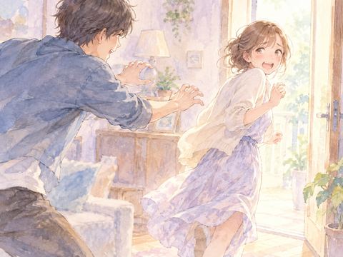 くすぐろうとする相手をかわして部屋から逃げる女性