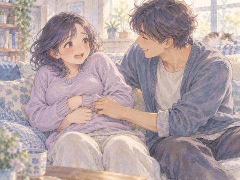 お腹をくすぐられて驚き両手で守る女性
