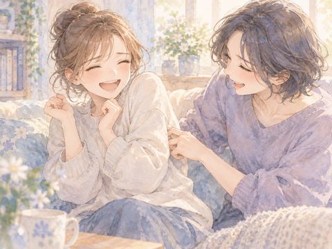 背中をくすぐられて驚き振り向く女性