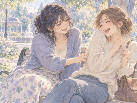 友達の脇腹をくすぐり一緒に笑う女性