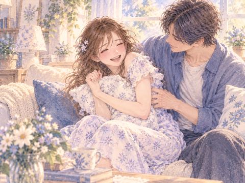 ソファで恋人にくすぐられ楽しそうに笑う女性