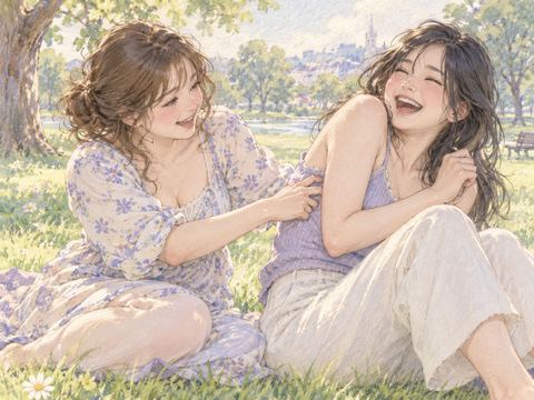女友達に脇腹をくすぐられ大笑いする女性