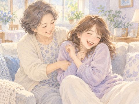 母親にくすぐられて子どもの頃のように笑う成人女性