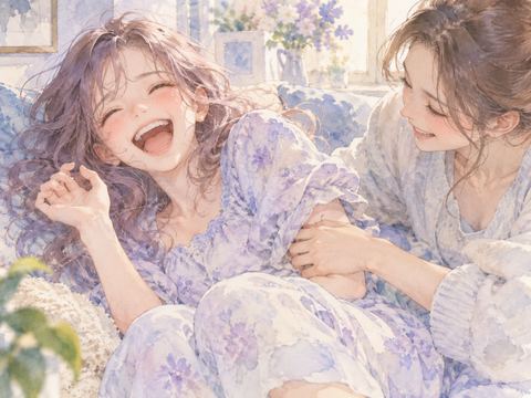 脇腹をくすぐられて笑いが止まらない女性