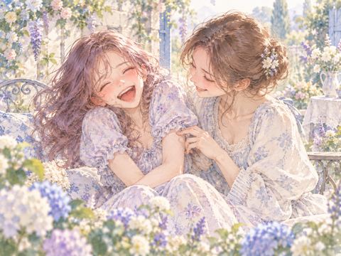 くすぐられるのを楽しみ笑顔でじゃれ合う成人女性二人