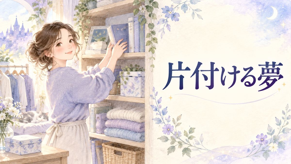 夢の中で本や洋服を片付ける大人の女性と柔らかな光に包まれた部屋