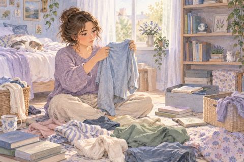 散らかった自分の部屋で洋服や本を仕分ける大人の女性