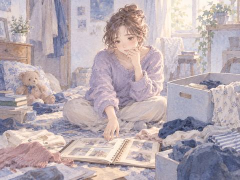 思い出の品を前に何から片付けるか迷う大人の女性