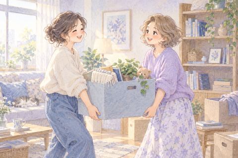 友人と協力して大きな荷物を運ぶ二人の大人の女性