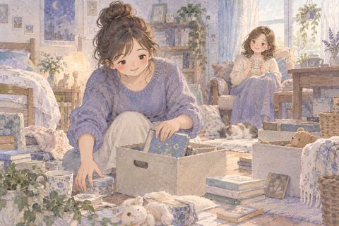 友人に荷物を片付けてもらい安心する大人の女性