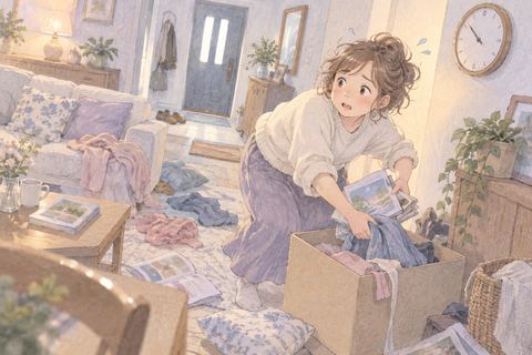 来客前に時計を気にしながら慌てて部屋を片付ける大人の女性
