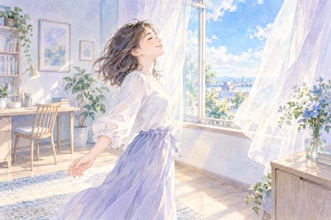 片付いた部屋で窓を開けて晴れやかに深呼吸する大人の女性
