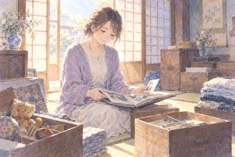 昔の実家の和室でアルバムや古い荷物を片付ける大人の女性