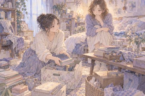 友人の部屋で荷物を整理する女性と見守る部屋の持ち主