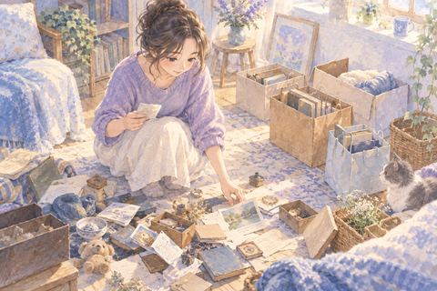 散らばった紙や空き箱を種類ごとにまとめる大人の女性