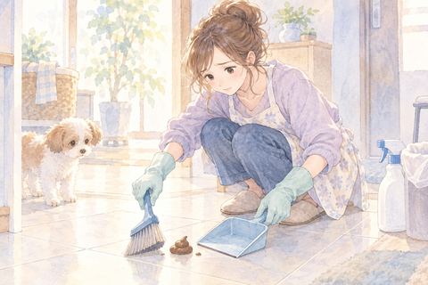 床のうんこを手袋とちりとりで片付ける大人の女性