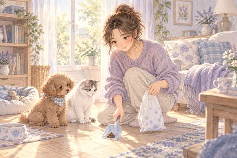 犬と猫のそばでペットのうんこを片付ける大人の女性