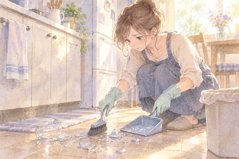 床に割れた透明なコップの破片を慎重に片付ける大人の女性