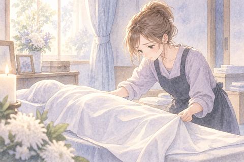 布で覆われた遺体のそばで静かに後始末をする大人の女性
