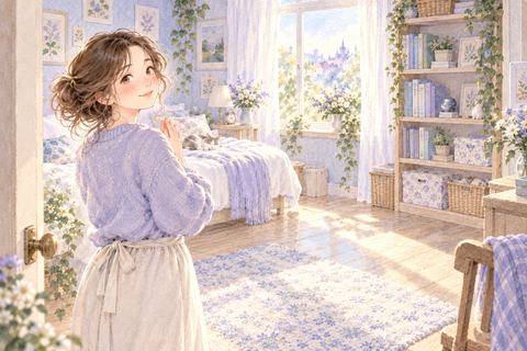 片付け終わった明るい部屋を満足そうに見渡す大人の女性