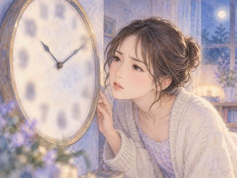 ぼやけた時計の文字盤を困った表情で見つめる女性