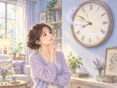 逆回りする壁時計の針を不思議そうに見上げる女性