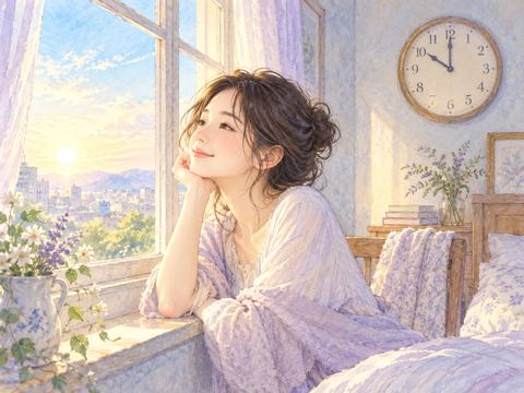 朝の光が戻った部屋で昔の時刻を示す時計を見る女性