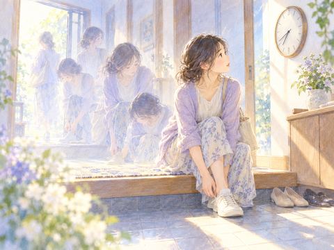 何度も同じ朝に戻る部屋で時計を見つめる女性