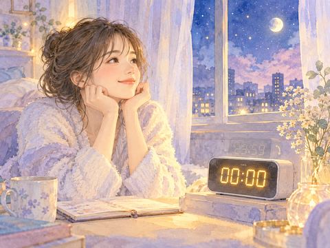 午前0時に切り替わるデジタル時計を見つめる女性
