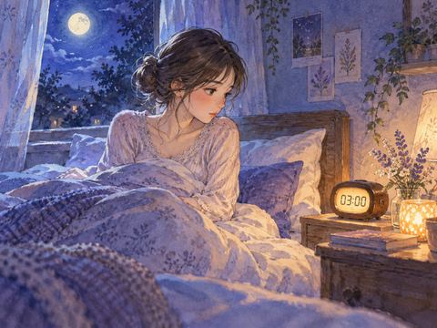午前3時を示す時計を暗い寝室で見つめる女性